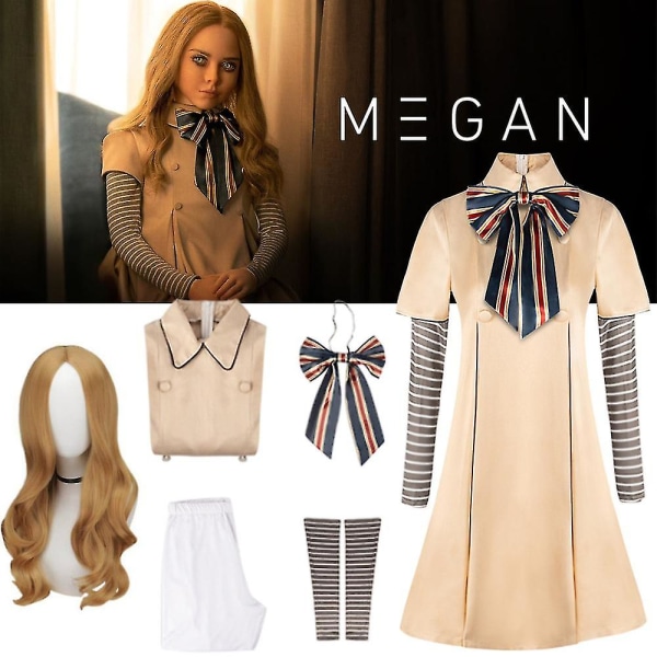 Thriller Movie M3gan Cosplay Costume Full Set Ai Doll Robots Dress Bow Tie Pantyhose Hand Sleeves Wig Party Role Play Suit For Women Girls -a Girls Costume Set 7-8 Years