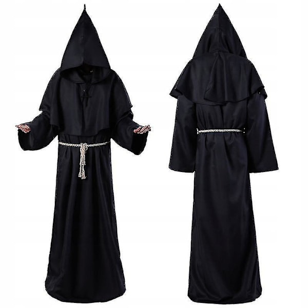 Troldmands Kostume Middelalderlig Hætte Kappe Præst Outfit -a Black L