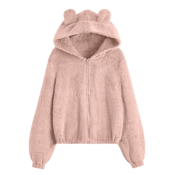 Vinterplysch hoodie med dragkedja för damer med söta björnhörselkåpor .i Solid Pink S