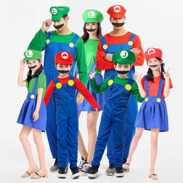 Mub- R583 Children's Mario Clothes uper Mario Costumes Halloween Cosplay Anime Costume Parent-child Role Playing Costume Mario adult men Green S