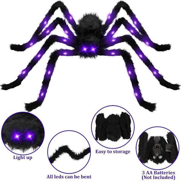 Halloween edderkopp, 125 cm gigantisk skummel edderkopp, LED plysj edderkopp for fest, spøkelseshus, Halloween-dekorasjon