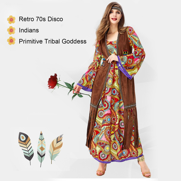 70-luvun asut naisille Diskoasu Asusteet 60-luvun 70-luvun asu Naisille Hippiasu Vaatteet Asu Halloween -a Brown M