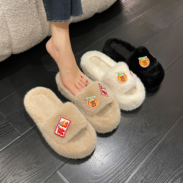 Mub- Furry warm home slippers ladies indoor flat bottom non-slip floor slippers Black thick sole 35