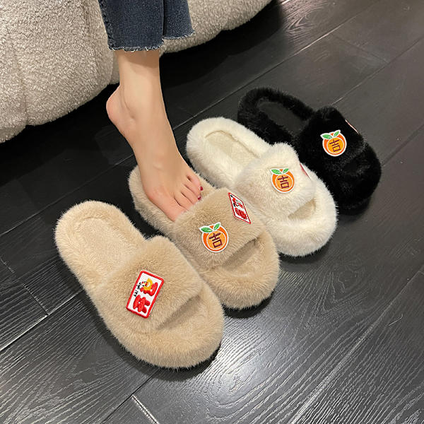 Mub- Furry warm home slippers ladies indoor flat bottom non-slip floor slippers Black thick sole 37