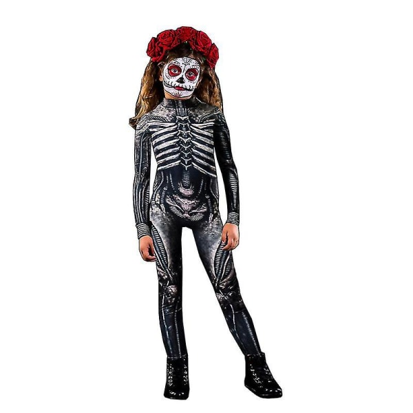 Womens Halloween Costume Skeleton Print Bodysuit Skinny Jumpsuit -a 130cm