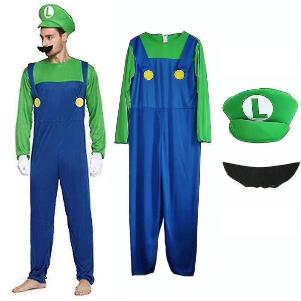 Super Mario Bros Unisex Voksen & Barn Cosplay Fancy Dress Outfit Kostume . Men Luigi XL