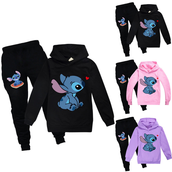 Barn Lilo & Stitch Hoodie Sweatshirt Långa joggingbyxor Träningsoverall -a black 160cm