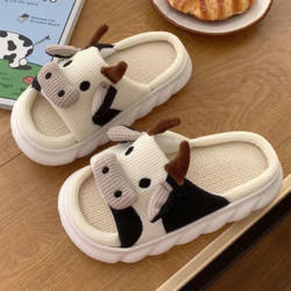 Mub- Women EVA Sole Open Toe Thick Sole Cute Animal Cartoon Cow Slippers High Quality Indoor Home House Cotton Linen Slippers as picture 38-39