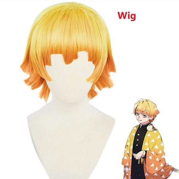 Adult Kids Anime Demon Slayer Kimetsu No Yaiba Agatsuma Zenitsu Cosplay Costumes Halloween Costume Kimono Anime Figure Suit Wig -a wig L