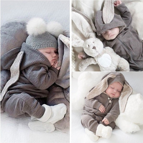 Mub- Easter Cartoon Bunny Ears Long Sleeve zipper clothing  One-piece Romper Rabbit Hooded Jumpsuit  Newborn Baby Bodysuit Beige 73cm