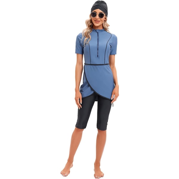 Women Modest Swimwear Islamic Muslim Swimsuit Short Sleeve Zipper Front Top Shorts Pants Hijab 3pcs Swimming Costume S-4xl Xinmu -a Dusty Blue L