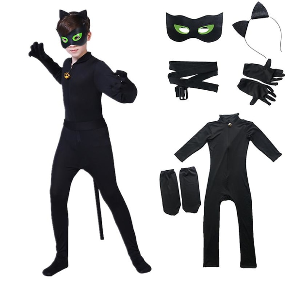Kids Black Cat Costume Boys Cosplay Noel Bodysuit Suit With Mask, Ear, Tail -a 100(95-105CM)