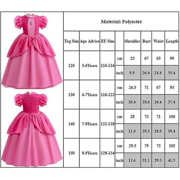 Tyttöjen prinsessamekko Cos -asu Princess Peach Cosplay -asuihin Lapset Asuja Brossi Halloween -syntymäpäiväjuhliin 5-6Y