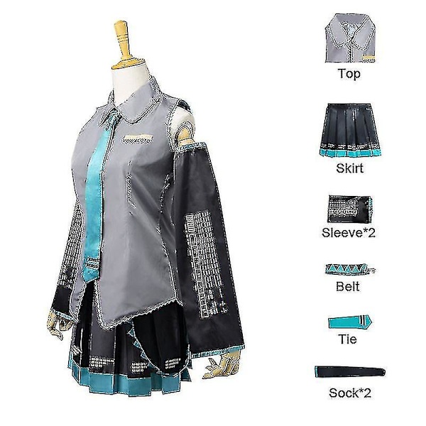 Vocaloid Miku Cosplay -peruukkiasu Japan Midi -mekko Aloittelija Future Miku Cosplay Naisten Halloween Naisten Tyttöjen Vaateasu -a Green Full set XL