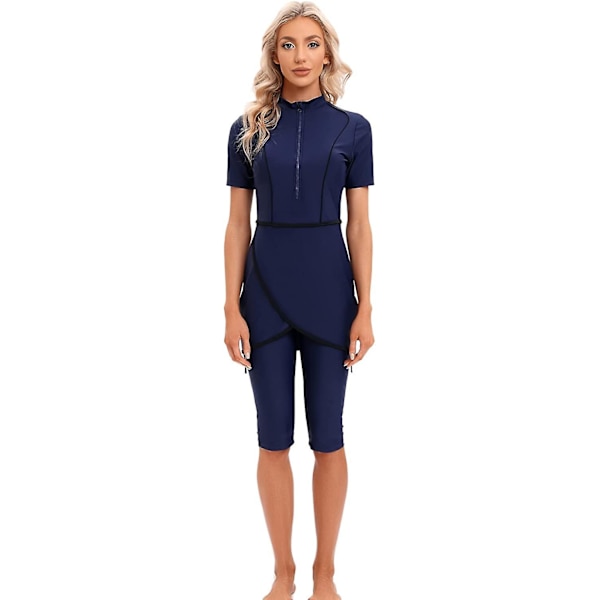 Naiset Maltillinen Uimapuku Islamilainen Muslimi Uimapuku Lyhythihainen Vetoketju Edessä Yläosa Shortsit Housut Hijab 3kpl Uimapuku S-4xl Xinmu -a Navy 4XL