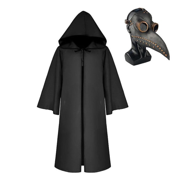 Plague Doctor Reaper   With Steampunk Mask Carnival Halloween Costume For Adult Kids_h -a Black with mask 155 (kids)