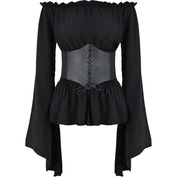Kvinde Renæssance Bluse Toppe Korset Livrem Middelalderlig Victoriansk Off Shoulder Langærmet Skjorte Pirat Cosplay Kostumer -a Black Medium