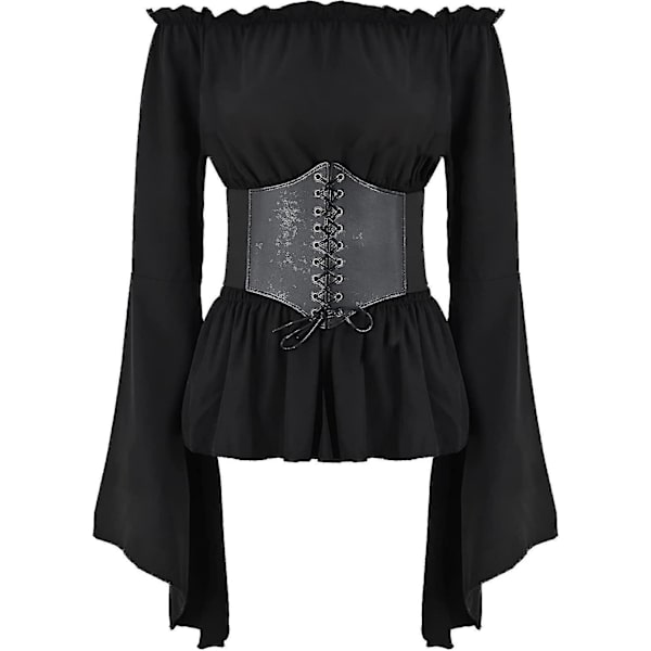 Womens Renaissance Blouse Tops Corset Waist Belt Medieval Victorian Off Shoulder Long Sleeve Shirt Pirate Cosplay Costumes -a Black Medium