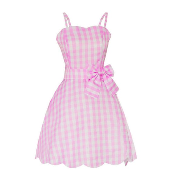 Halloween Women Barbie Movie Cosplay Costume Pink Gingham Slip Dress Party Midi Dresses Fancy Dress -a B L