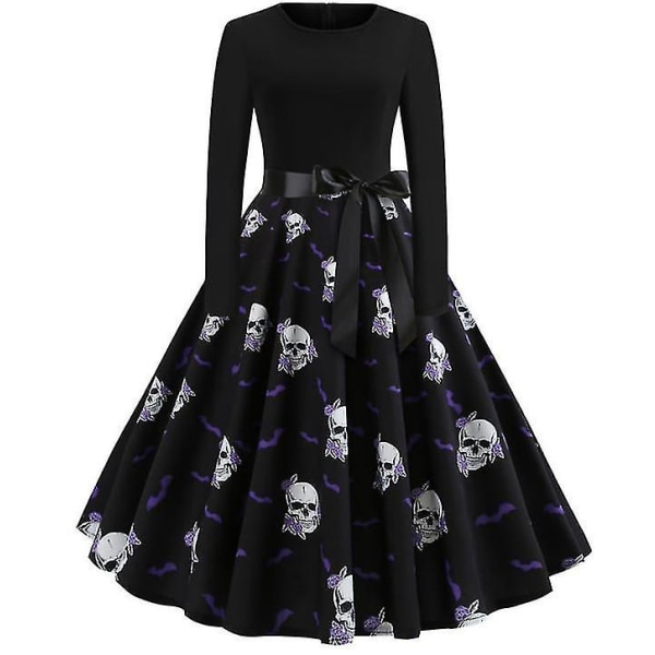 Halloween kjoler til kvinder Skelet græskar trykt Cosplay festkostume -a black2 S