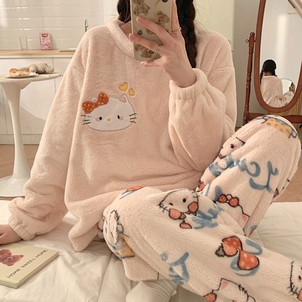 Mub- Flanel Pyjamas Kvindelig Sød Efterår Vinter Loungewear Pink KT Kat Pink KT cat XL