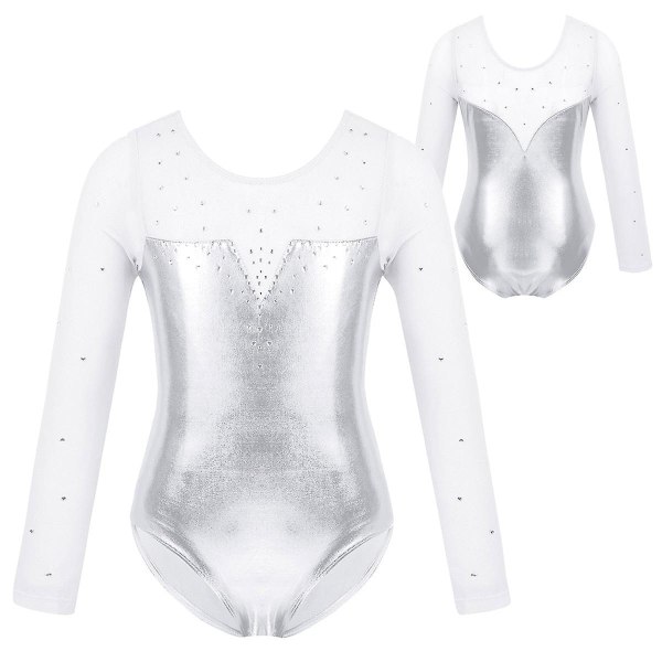 Glitrende Rhinestone- Metallic Langærmet, Gymnastik Leotard, Dansedrakt -a Silver 12