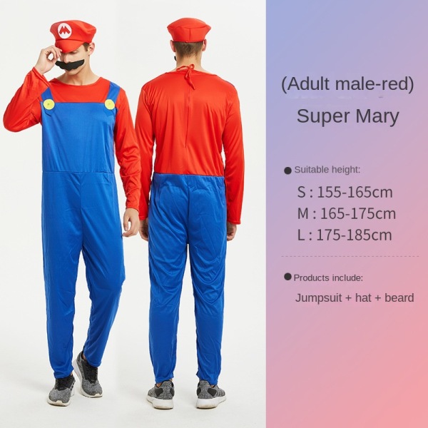 Mub- RS583 Children's Mario Clothes Super Mario Costumes Halloween Cosplay Anime Costume Parent-child Role Playing Costume Mario adult men Red XL