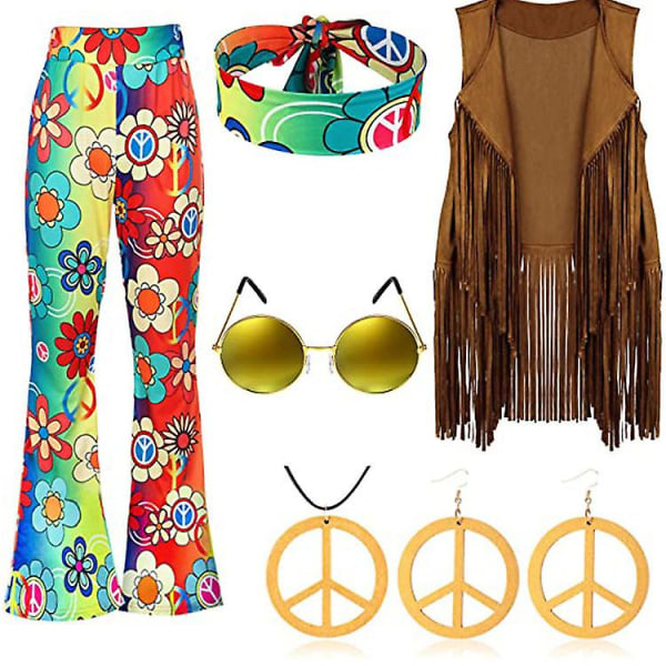 70'er Hippie Fest Retro Kostume Kvast Vest+bukser+tørklæde Dragt -a Color gradient XXL