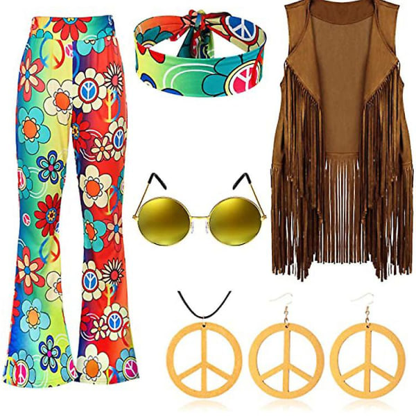 70s Hippie Party Retro Costume Tassel Vest+pants+scarf Suit -a Color gradient L