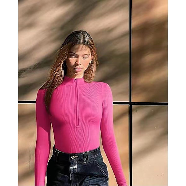 Mub- 2024 Pitkähihainen Seksi Ribattu Vetoketju Eteen Pitkähihainen Yksivärinen Toppi Body Rose red M