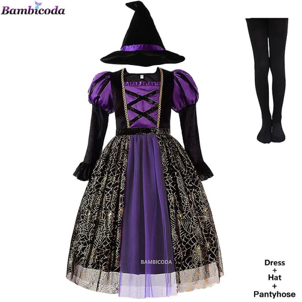 Halloween Children Girls Witch Party Dress Gothic Ghost Costume Kids Gown Robe Tutu Dress Witch Hat For Purim Carnival Party -a c9 7-8T(130)