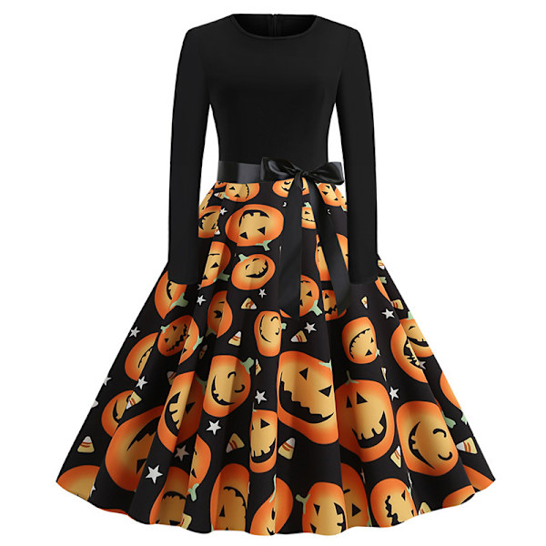 Mub- ZHEZHE Aikuisille Halloween-asu pitkähihainen naisten mekko painettu Maxi adies-mekko naisten Halloween-vaatteet vyöllä Halloween-8 L