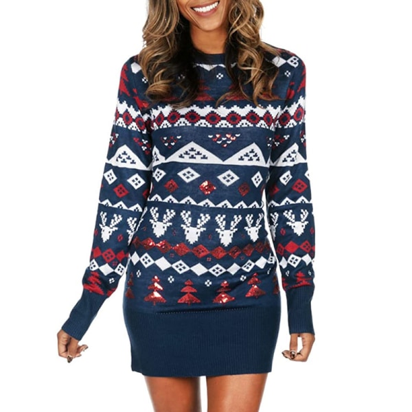 Mub- Höst/vinter Kvinnors stickade kläder Tecknad Jacquard Lös Rund hals Pullover Jultröja Navy blue Christmas sweater dress L