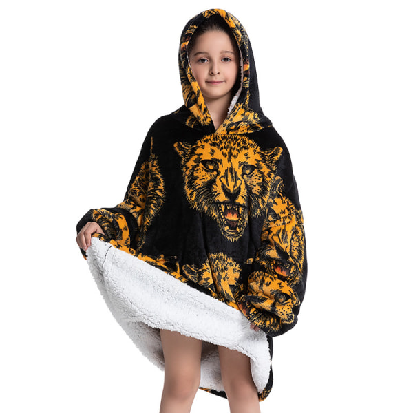 Mub- 2023 sammansatta vinterkläder förtjockade gå ut pyjamas lat tv-filt barnflanell lammull hem hoodie filt Leopard head - children