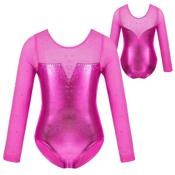 Glitrende Rhinestone- Metallic Langærmet, Gymnastik Leotard, Dansedrakt -a Rose Red 12