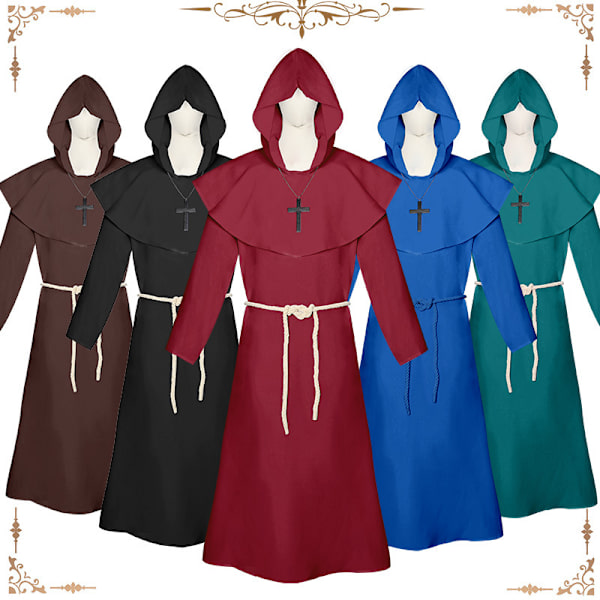 Halloween kostyme middelaldersk munk drakt munk drakt trollmann kostyme prest cosplay kostyme sjal cos komplett sett green M