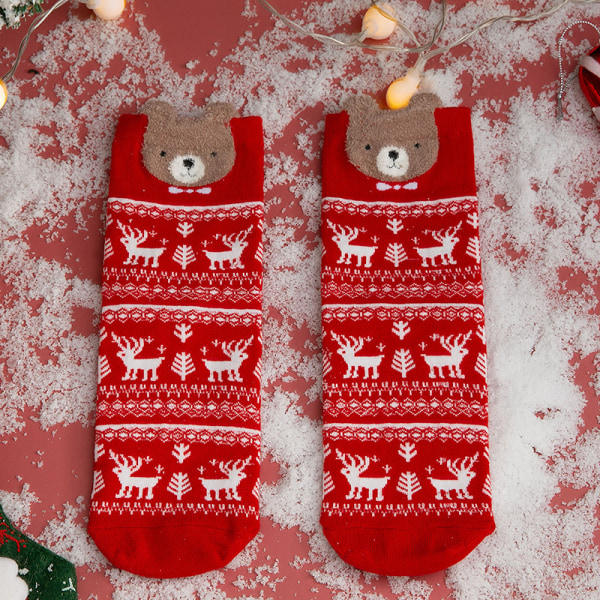 Mub- Julstrumpor för kvinnor röd medium tub söt kawaii Red Socks White Deer Bear