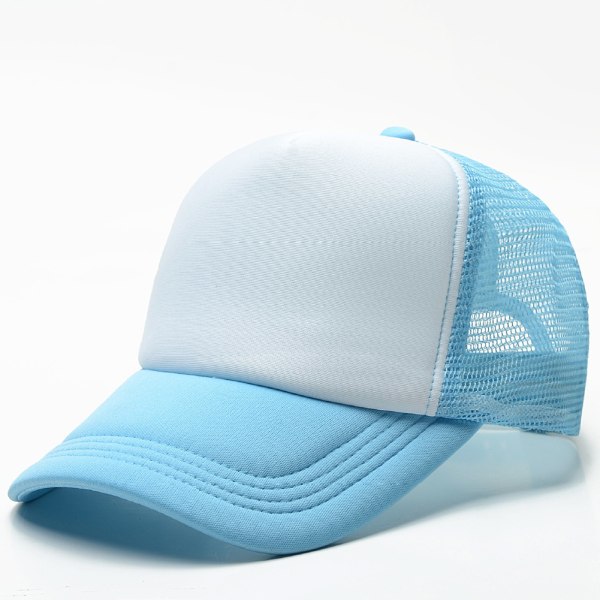 Mub- Wholesale Hip Hop Cotton Mesh Trucker Hat Blank Casquette Baseball Custom Logo Print 5 Panel Embroidered Sports Caps Sky Blue White
