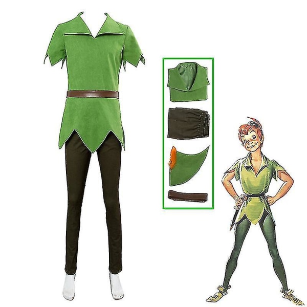 Peter Pan Cosplay Anime Costume Green Elf Uniform Dresses Boys Girls Halloween Carnival Costume Fancy Dress Suit Men -a L Men