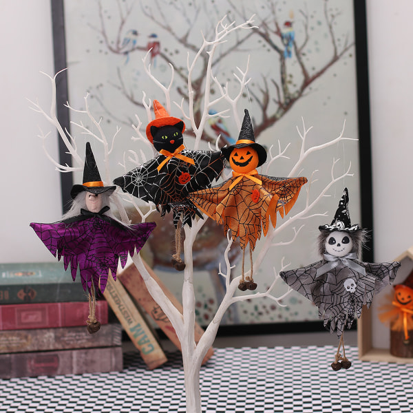 Mub- Allo Halloween Outdoor Decorations Holiday Party Scene Layout Pumpkin Witch  Black Cat Dress Bell Doll Pendant White Ghost