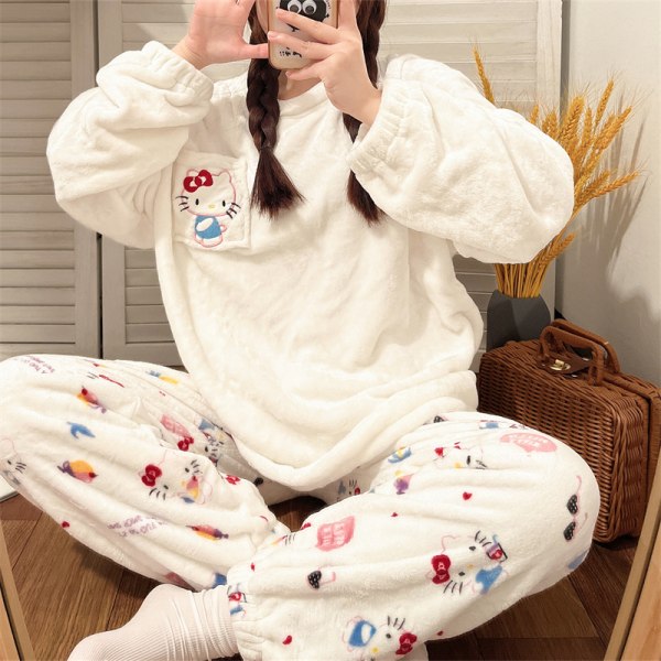 Mub - Flanellpysjamas kvinnelig søt høst vinter loungewear White KT katt White KT cat XXL