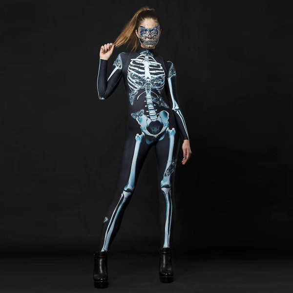 Nyt 3d Kvindernes Skelet Halloween Kostumer Cosplay Jumpsuit Bodysuit -a M