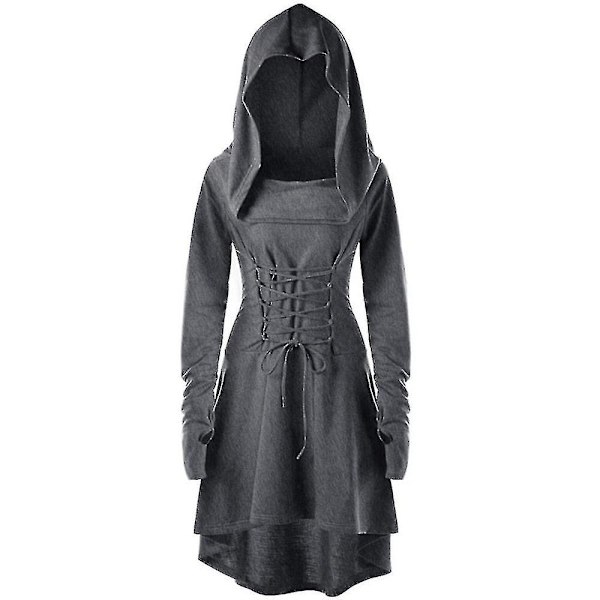 Retro Dame Solid Renæssance Middelalderlig Kostume Gotisk Langærmet Snøre Hætte Kjole -a Grey M