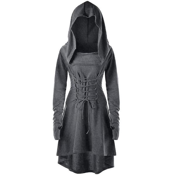 Retro Dame Solid Renessanse Medieval Kostyme Gotisk Lang Ermet Snøring Hettekjole -a Grey 2XL