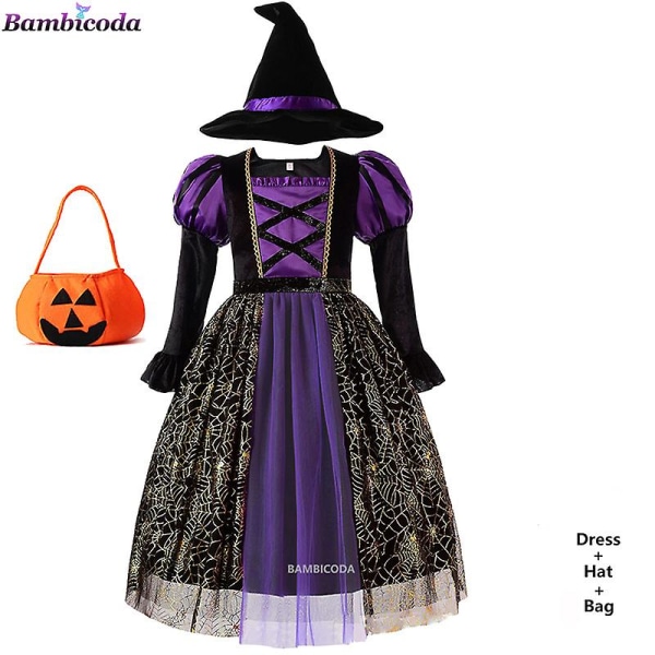 Halloween Children Girls Witch Party Dress Gothic Ghost Costume Kids Gown Robe Tutu Dress Witch Hat For Purim Carnival Party -a c4 3T(100)