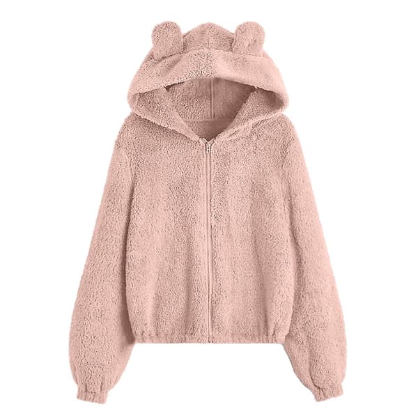 Vinterplys hættetrøje med lynlås til damer med søde bjørneører .i Solid Grey XL