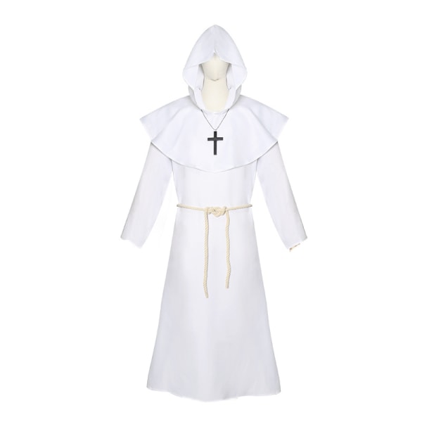 Halloween kostyme middelaldersk munk drakt munk drakt trollmann kostyme prest cosplay kostyme sjal cos komplett sett White XL