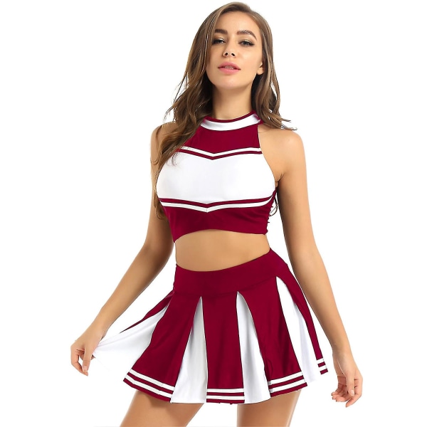 Kvinnor Vuxna Cheerleader Uniform Performance Outfit Japansk kolflicka Cosplay Kostym Ärmlös Crop Top Mini plisserad kjol -a Wine Red A S