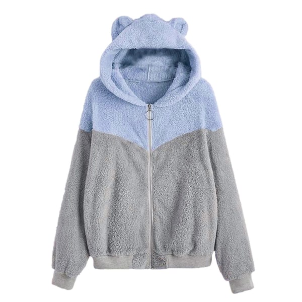 Talvinen fleece-huppari vetoketjulla naisille, söpöillä karhun korvilla Blue S