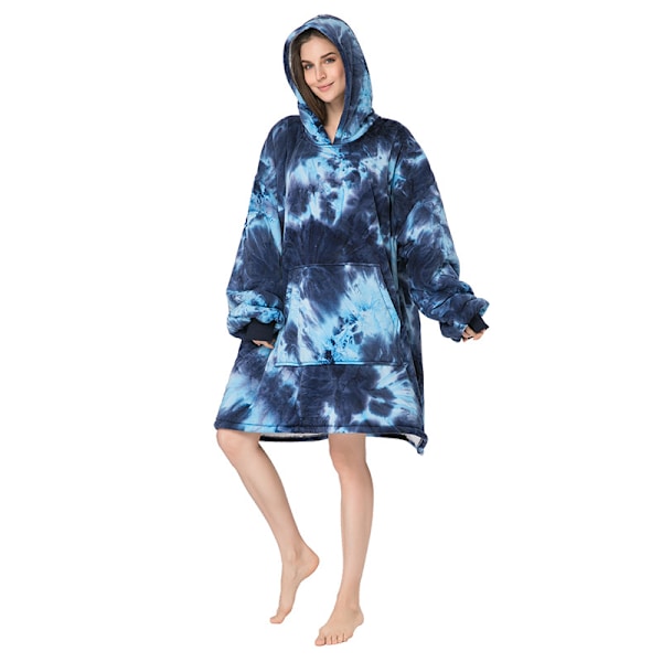 Mub- Förtjockad pullover lat filt för att hålla varma hemkläder batikfärgad flanell lat kostym hoodie filt Navy - tie-dye